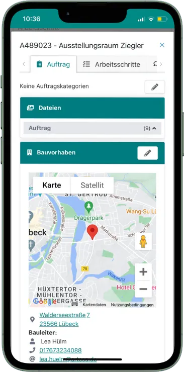 Das Auftragsdatenblatt ist unterwegs auf dem Smartphone verfügbar.