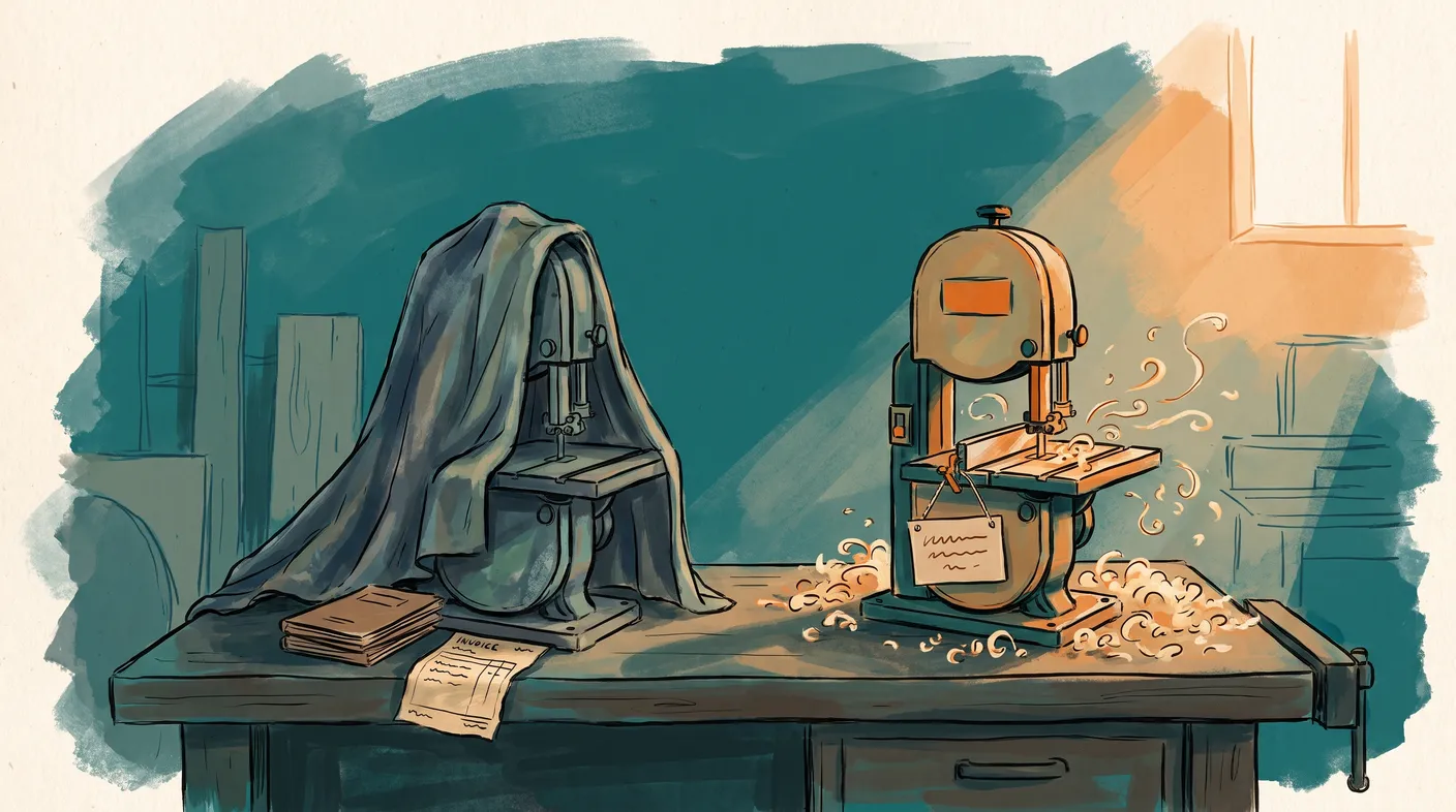 Gemalte Illustration einer Werkbank: links eine abgedeckte, stillgelegte Bandsäge mit Handbuchstapel und Beleg, rechts dieselbe Maschine im Einsatz mit Spänen