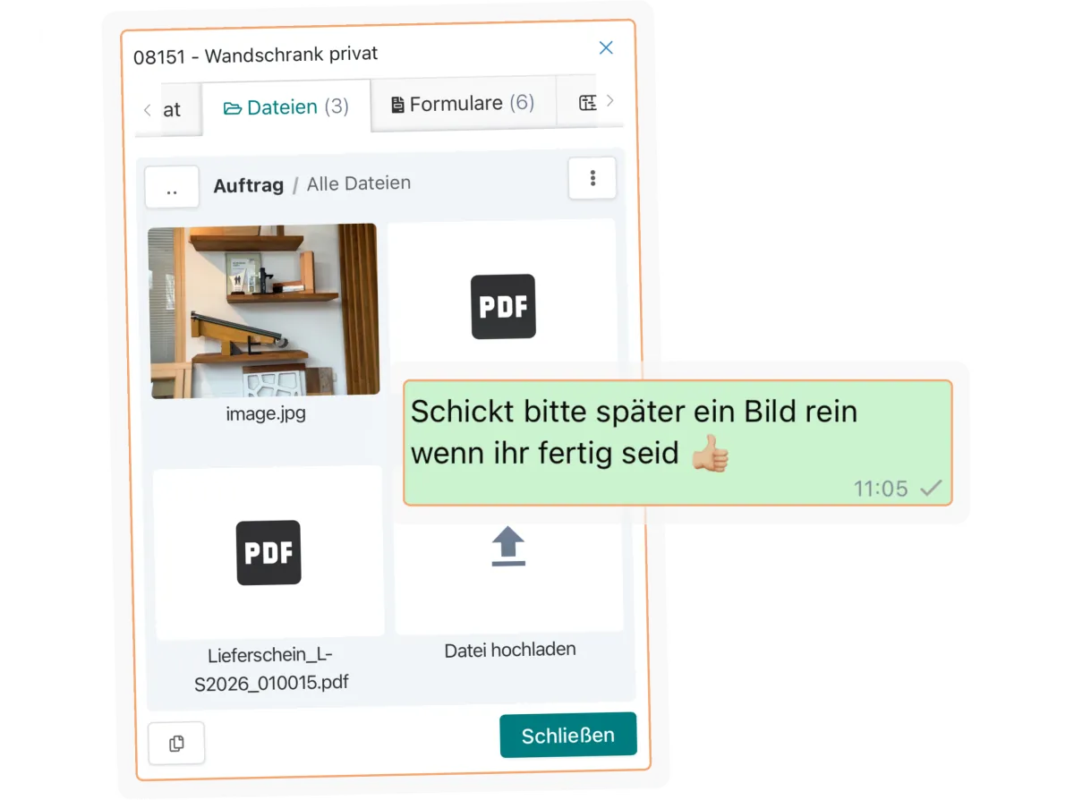 Alle Dateien aus dem Chat werden automatisch in der digitalen Auftragsakte gespeichert.
