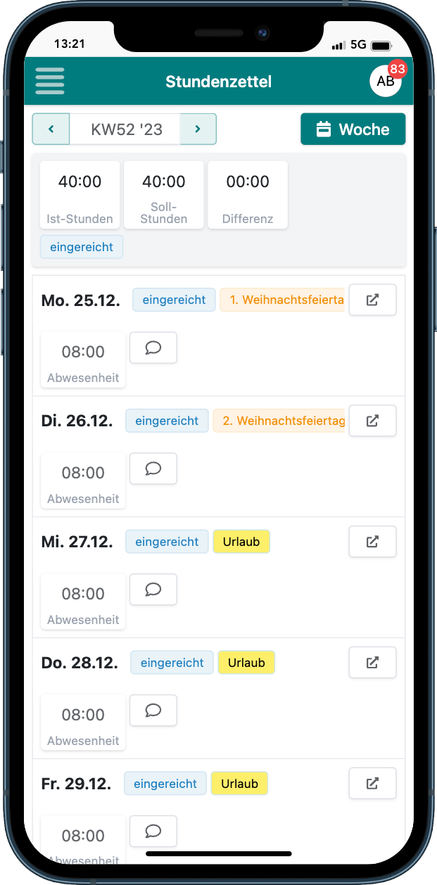 Im Stundenzettel siehst du auch deine genommenen Abwesenheiten