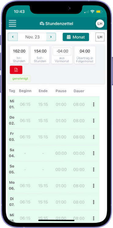 Stundenzettel für die Zeiterfassung