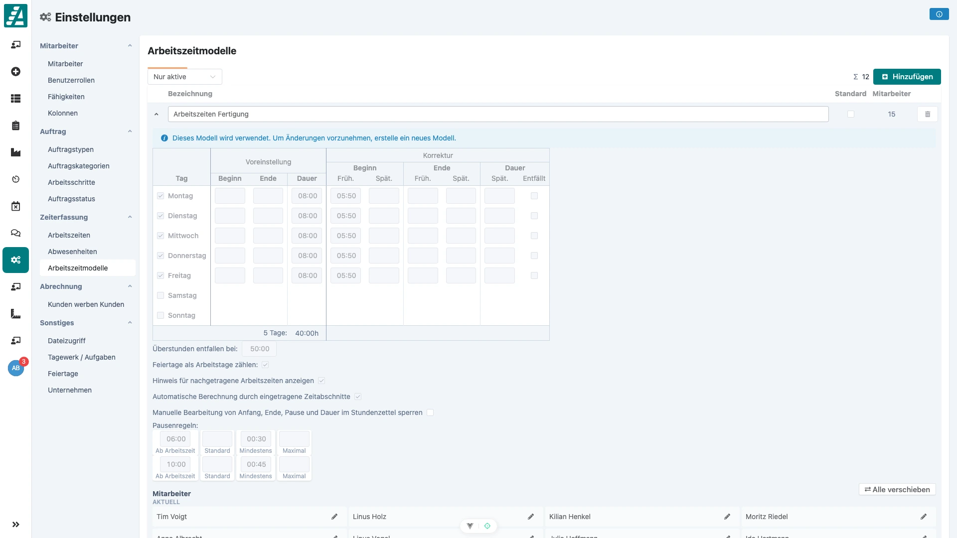 Mitarbeiter den Arbeitszeitmodellen zuordnen