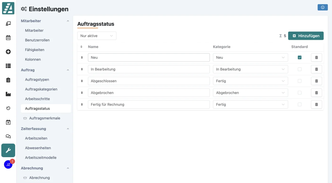 Einstellungen-Tabelle Auftragsstatus mit der Spalte Standard, angehakt beim Status Neu