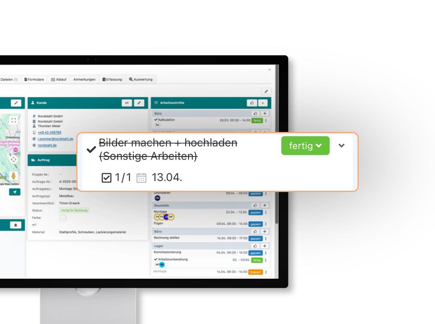 Auftragsansicht in Artesa mit Kundendaten und offener Aufgabenübersicht