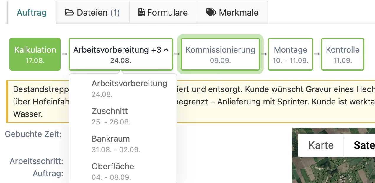 Ablauf-Diagramm eines Auftrags, der Block "Arbeitsvorbereitung +3" ist aufgeklappt und zeigt vier Arbeitsschritte mit ihren Terminen
