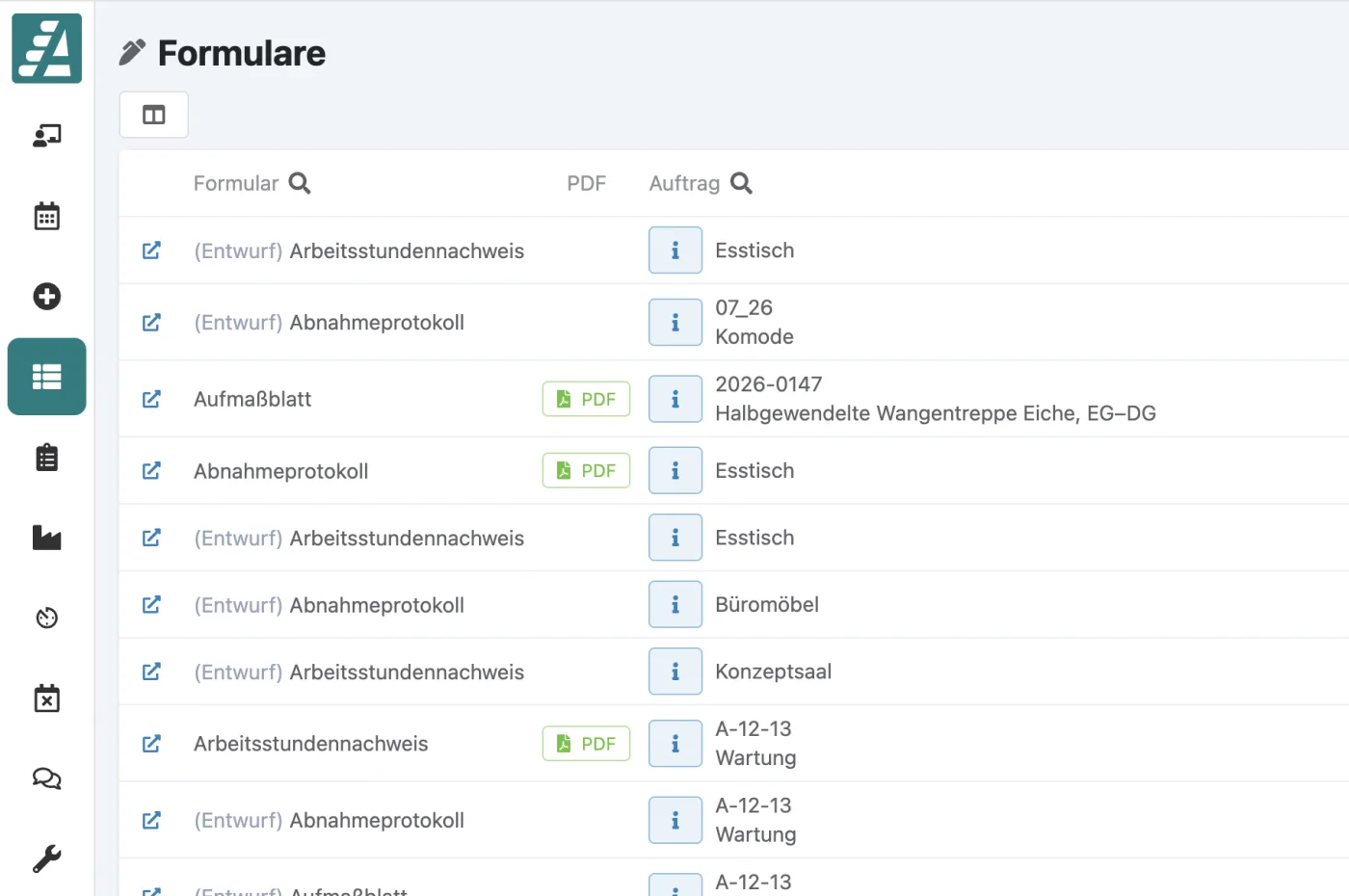 Formular-Liste mit der Spalte "PDF", in der fertige PDFs als grünes Kürzel stehen