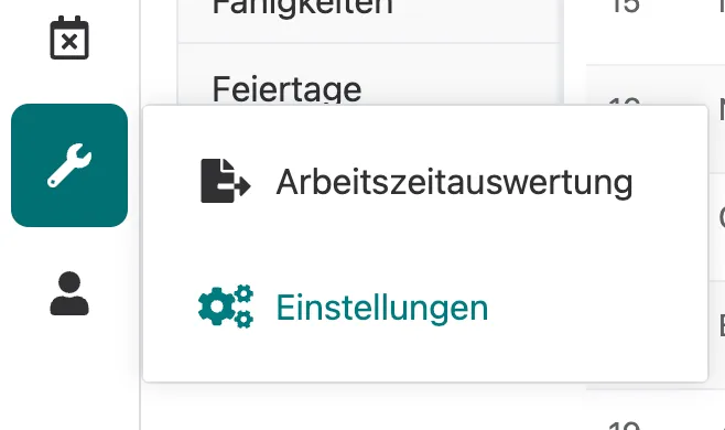 Einstellungen und Arbeitszeitauswertung sind nun unter 'Admin'